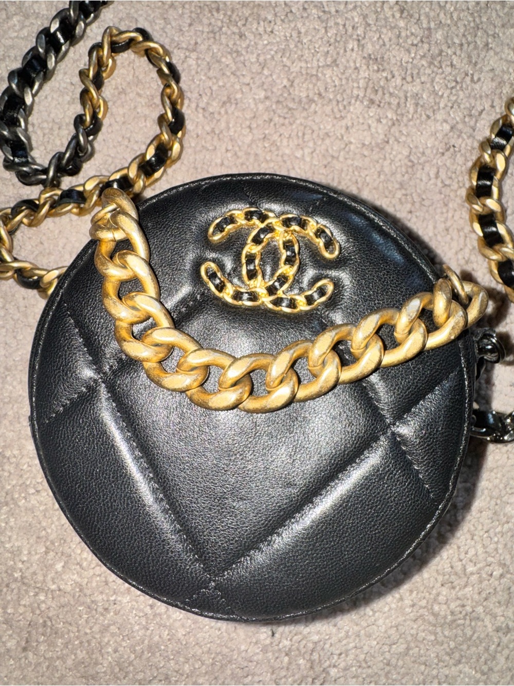 CHANEL Black Quilted Round Crossbody with Gold Chain